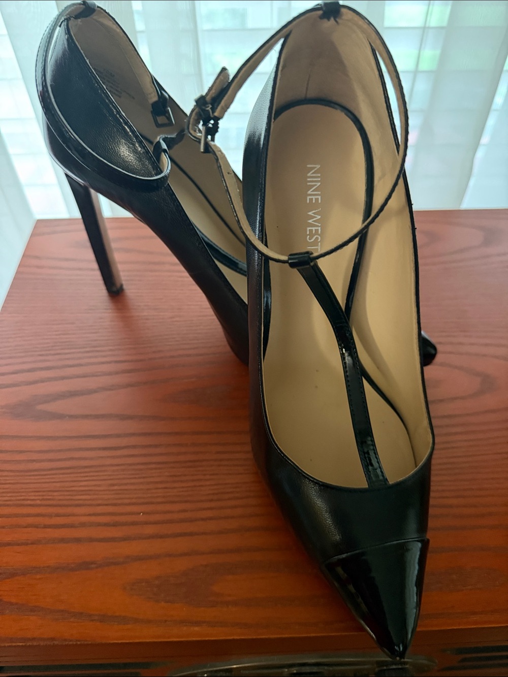 Nine West Black Pointed-Toe T-Strap Stiletto Heels